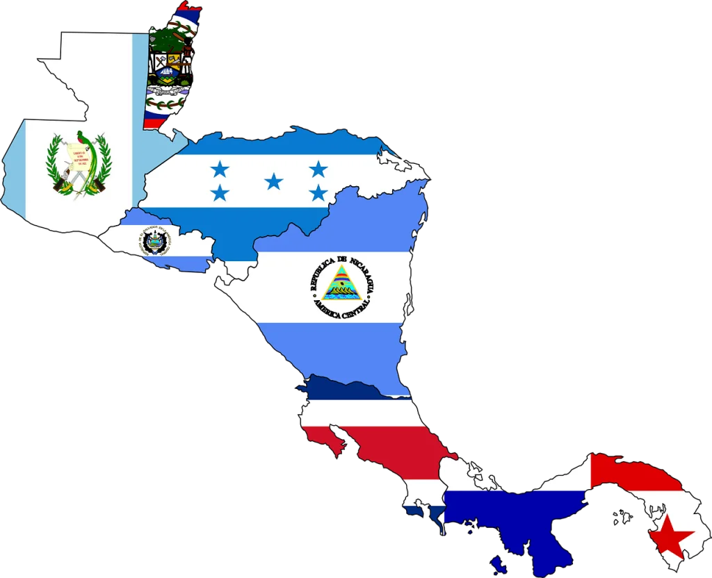 the flags of Central America in the shape of Central America