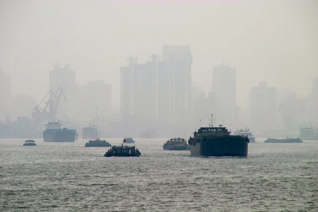 Air pollution shown from a harbor in Shanghai.